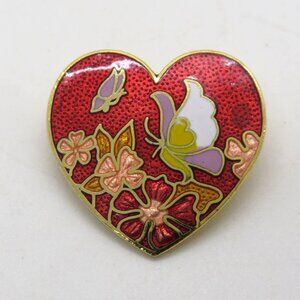 Cloisonne Brooch Heart Shaped Floral Enamel 1" Pin Butterfly Red Gold Tone